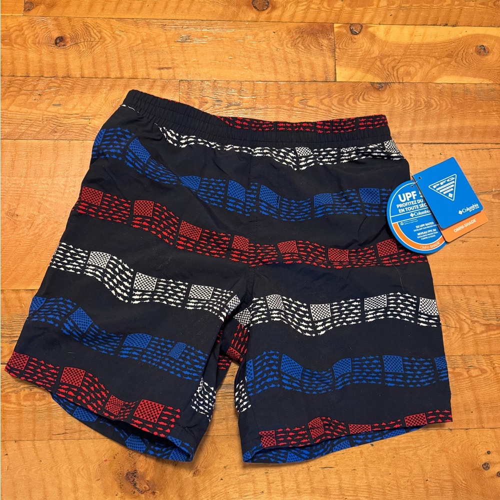Columbia Boys Swim Shorts with Red, White & Blue Wave Stripes